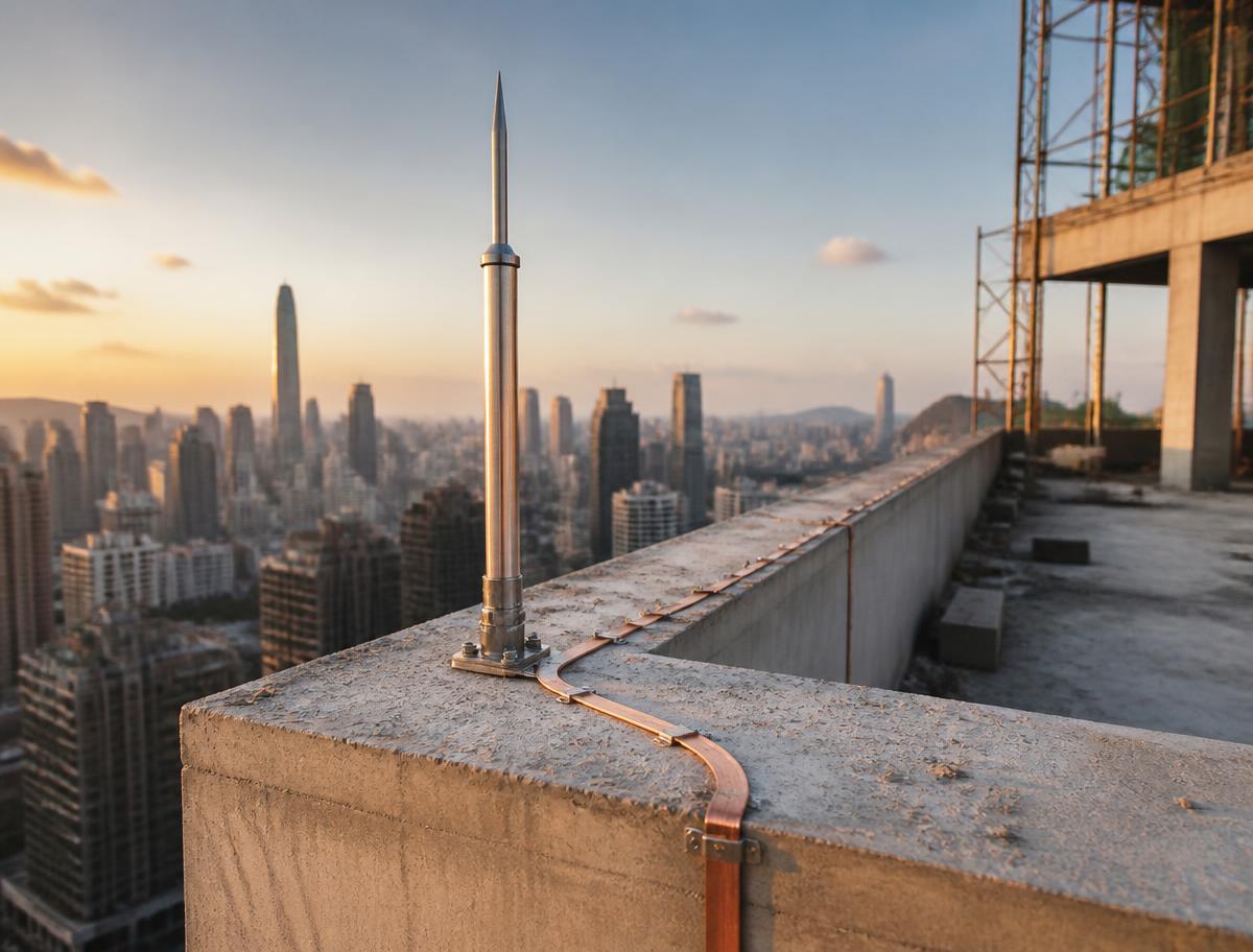 Lightning protection air terminal and copper down conductor on a building