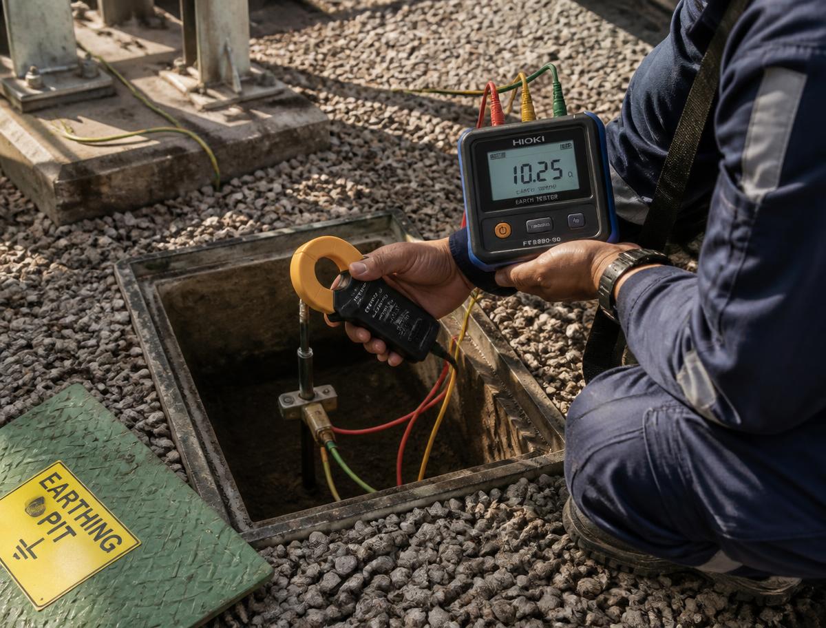Earth resistance being measured at an earthing pit with an earth tester