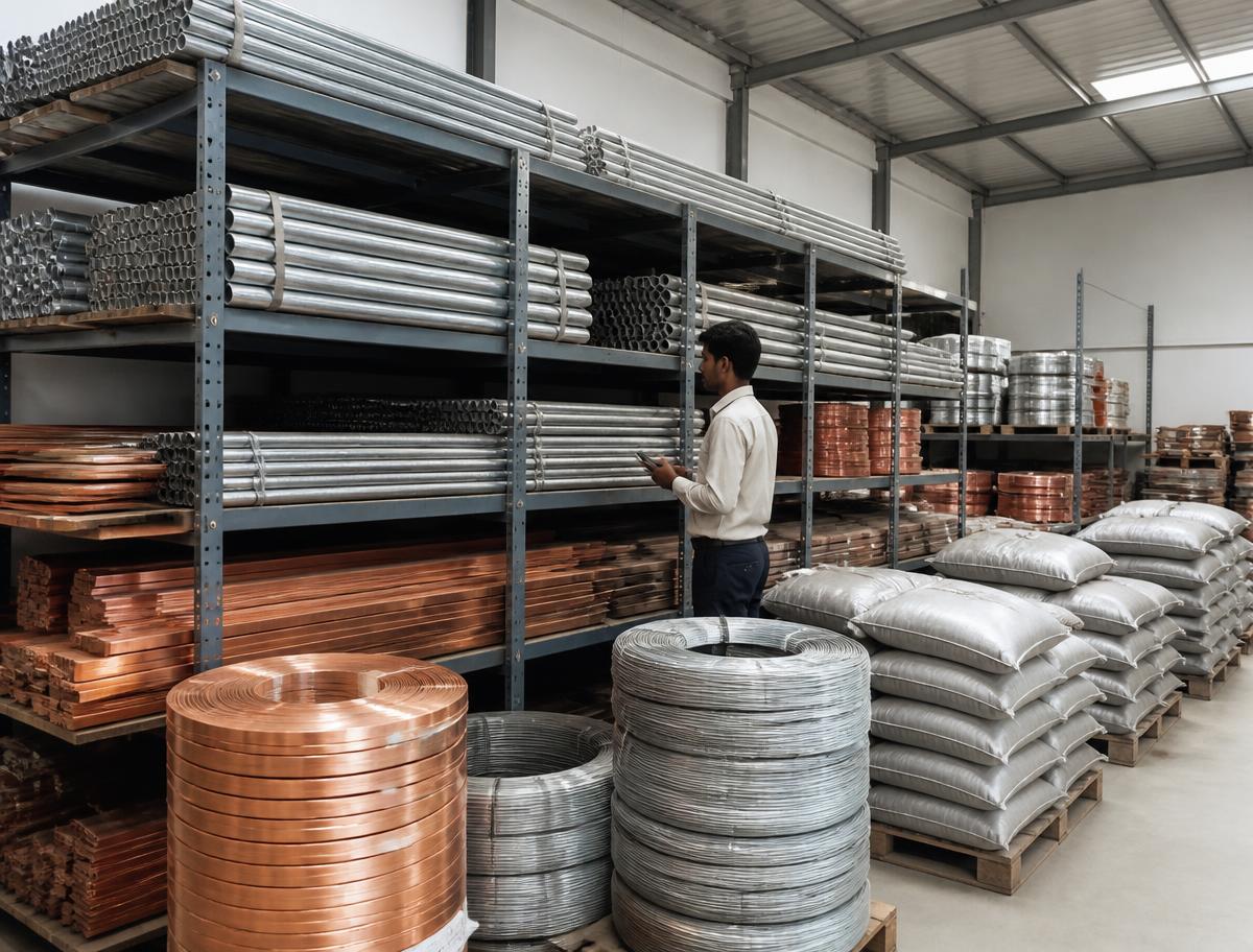 Earthing electrodes, copper strips, wire coils and back fill compound stocked at the MK Earthing Solutions warehouse