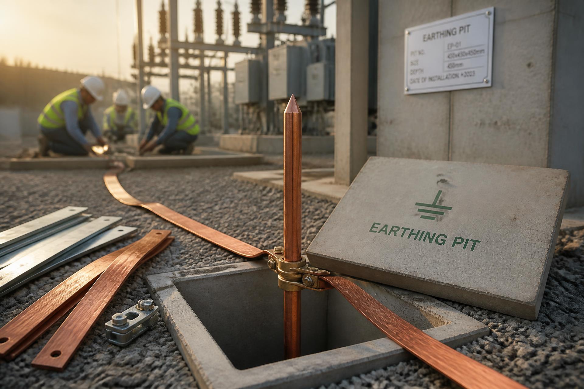 Copper bonded earthing electrode connected to copper strips inside an earthing pit at an electrical substation